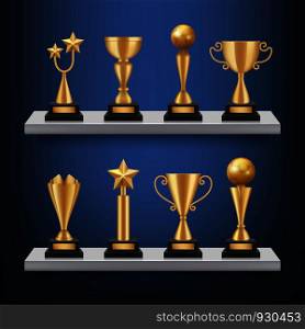 Awards shelves. Trophies medals and cups on bookshelf vector realistic concept of sport competition winners. Trophy cup for winner, success prize illustration. Awards shelves. Trophies medals and cups on bookshelf vector realistic concept of sport competition winners