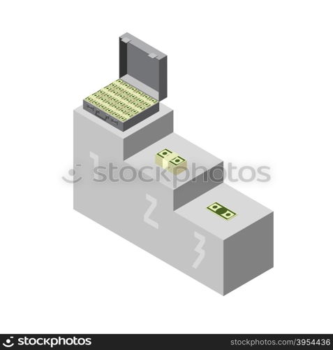 Awards. The winning for the ceremony. A suitcase of money, wads of dollars and coins. Isometric style