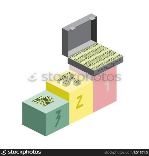 Awards. The winning for the ceremony. A suitcase of money, wads of dollars and coins. Isometric style