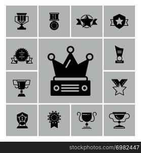 Awards, trophy and prizes black icons. Symbol of winner and champion. Vector illustration. Awards, trophy and prizes black icons