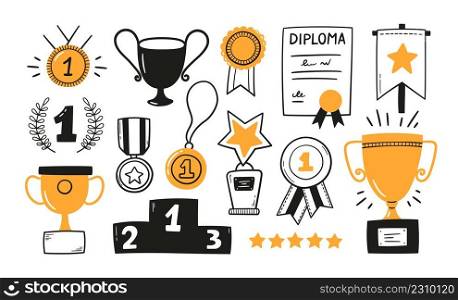 Awards, trophy cups, first place medals and podium winners set. Doodle gold medal and ch&ion trophy cup. Hand drawn award decorative icons. Vector illustrations isolated on white background.. Awards, trophy cups, first place medals and podium winners set. Doodle gold medal and ch&ion trophy cup. Hand drawn award decorative icons. Vector illustrations isolated on white background