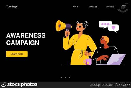Awareness campaign banner. Concept of brand marketing, advertising, company pr announce. Vector landing page with flat illustration of woman with megaphone and man with laptop. Awareness campaign, brand marketing banner