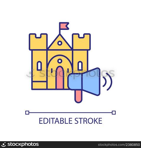 Awareness of architecture heritage RGB color icon. Pay attention to fortress. Tourist attraction promotion. Isolated vector illustration. Simple filled line drawing. Editable stroke. Arial font used. Awareness of architecture heritage RGB color icon
