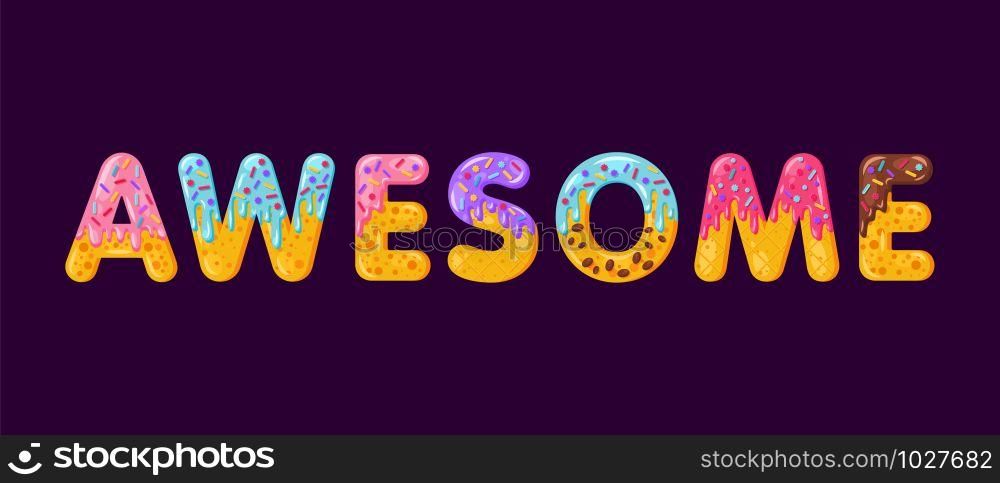 Awesome biscuit vector lettering. Glazed gingerbread inscription. Tempting design typography. Cookies letters motivational phrase isolated on dark purple. Biscuit word t shirt print, banner element