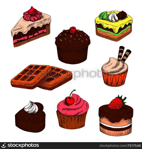 Awesome chocolate cakes and cupcakes, topped with buttercream frosting with fresh strawberry and cherry fruits, wafer tubes and meringue decorations, sugar belgian waffles colored sketch icons. Colored sketches of cakes, cupcakes and waffles
