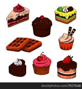 Awesome chocolate cakes and cupcakes, topped with buttercream frosting with fresh strawberry and cherry fruits, wafer tubes and meringue decorations, sugar belgian waffles colored sketch icons. Colored sketches of cakes, cupcakes and waffles