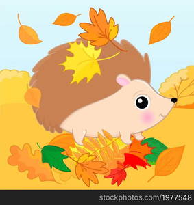 Awesome hedgehog with leaves on his back. Cartoon style. Vector autumn illustration with urchin character.. Awesome hedgehog with leaves on his back. Cartoon style. Autumn illustration with urchin character.