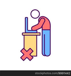 Awkward working posture RGB color icon. Performing work activities. Bad body positioning prevention. Unnatural movement. Musculoskeletal disorders risk factor. Isolated vector illustration. Awkward working posture RGB color icon