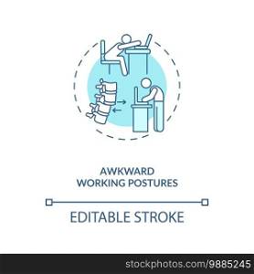 Awkward working postures concept icon. Ergonomic stressor idea thin line illustration. Bent, extended and flexed body positions. Vector isolated outline RGB color drawing. Editable stroke. Awkward working postures concept icon