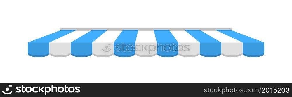 Awning on cafe. Tent of shop. Roof of marketplace. Blue-white stripe canopy for store or market. Striped sunshade for restaurant, circus and marquee. Parasol on white background. Vector.. Awning on cafe. Tent of shop. Roof of marketplace. Blue-white stripe canopy for store or market. Striped sunshade for restaurant, circus and marquee. Parasol on white background. Vector