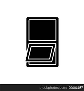 Awning windows black glyph icon. Opening outward from bottom. Controlling air ventilation. Protection from rain. High placement on walls. Silhouette symbol on white space. Vector isolated illustration. Awning windows black glyph icon