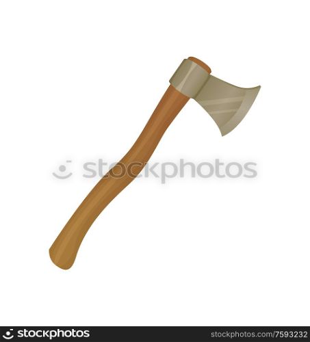 Ax tool vector, isolated icon of sharp instrument with razor blade, heavy object with wooden handle and steel material, hatchet weaponry of carpenter. Ax Tool with Sharp Razor, Instrument of Lumberjack