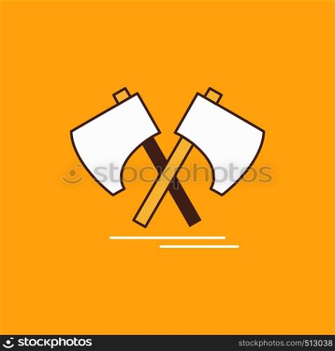 Axe, hatchet, tool, cutter, viking Flat Line Filled Icon. Beautiful Logo button over yellow background for UI and UX, website or mobile application. Vector EPS10 Abstract Template background