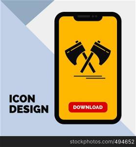 Axe, hatchet, tool, cutter, viking Glyph Icon in Mobile for Download Page. Yellow Background. Vector EPS10 Abstract Template background