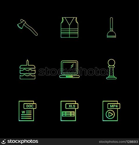 Axe , safety jacket , pump , cake , word document , laptop , mp4 file , pole ,excel file , icon, vector, design,  flat,  collection, style, creative,  icons