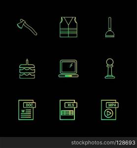 Axe , safety jacket , pump , cake , word document , laptop , mp4 file , pole ,excel file , icon, vector, design,  flat,  collection, style, creative,  icons