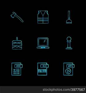 Axe , safety jacket , pump , cake , word document , laptop , mp4 file , pole ,excel file , icon, vector, design, flat, collection, style, creative, icons