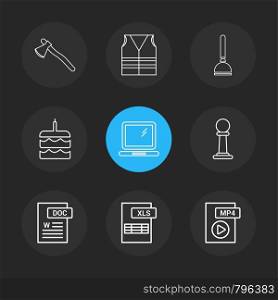 Axe , safety jacket , pump , cake , word document , laptop , mp4 file , pole ,excel file , icon, vector, design, flat, collection, style, creative, icons
