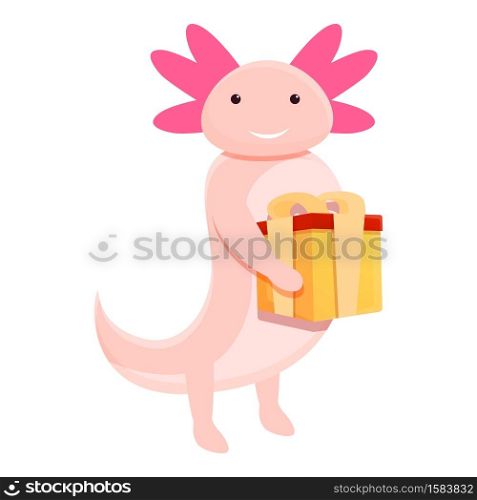 Axolotl gift box icon. Cartoon of axolotl gift box vector icon for web design isolated on white background. Axolotl gift box icon, cartoon style