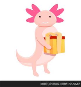Axolotl gift box icon. Cartoon of axolotl gift box vector icon for web design isolated on white background. Axolotl gift box icon, cartoon style