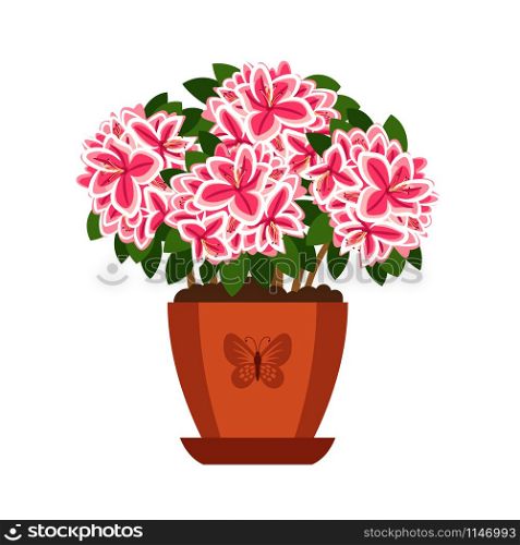 Azalea hoseplant with pink flowers in pot, vector icon. Azalea hoseplant icon