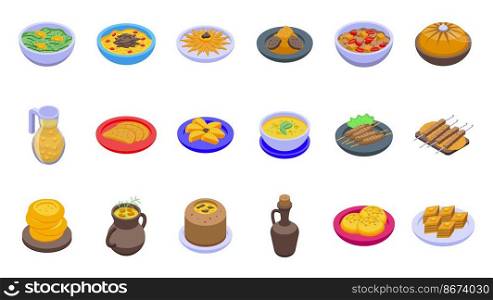 Azerbaijan cuisine icons set isometric vector. Baku culture. Fresh food. Azerbaijan cuisine icons set isometric vector. Baku culture
