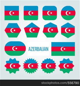 Azerbaijan Flag Collection Figure Icons Set Vector. Blue, Green And Red Color With Crescent And Eight-pointed Star Centered On National Symbol Of Republic Azerbaijan Country. Flat Cartoon Illustration. Azerbaijan Flag Collection Figure Icons Set Vector