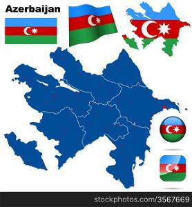 Azerbaijan vector set. Detailed country shape with region borders, flags and icons isolated on white background.