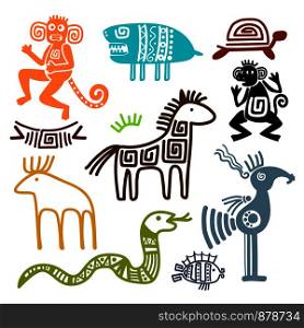 Aztec and maya ancient animal symbols isolated on white background. Inca indians culture patterns vector illustration. Aztec and maya ancient animal symbols
