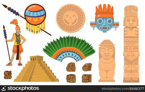 Aztec and Maya symbols set. Ancient pyramid, inca warrior, ethnic masks, gods and idols artifacts. Flat vector illustrations for Mexican culture, traditional decorations concept