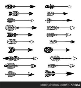 Aztec arrows. Ornament bow arrow with feather, hipster graphic pointer and tribal arrowhead hand drawn indian archery hunting sketch. Native culture archer arrows tatto vector isolated symbols set. Aztec arrows. Ornament bow arrow with feather, hipster graphic pointer and tribal arrowhead hand drawn vector set
