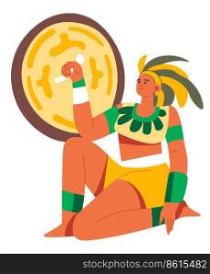 Aztec or mayan emperor or king, ruler of ancient civilization. Male character sitting with shield protecting in battle or fight. Man with headgear made of leather and feather. Vector in flat style. Mayan or aztec emperor or king, warrior soldier