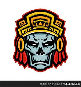 Aztec Warrior Skull Mascot. Mascot icon illustration of a skull of a noble Aztec warrior wearing wood helmet or headdress viewed front on isolated background in retro style.. Aztec Warrior Skull Mascot