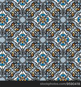 Azulejos blue and yellow seamless pattern Protugal style for surface design. Vector illustration for textile or wallpaper