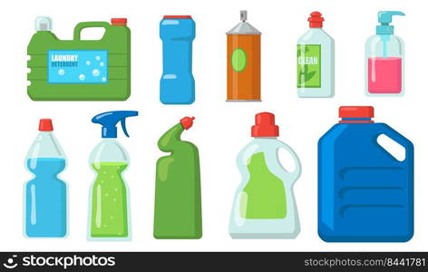 B≤ach bott≤s set. Plastic contai≠rs of deter≥nts, liquid soap, chemical disinfectant. Vector illustrations for laundry, household, c≤aning, packaging concept