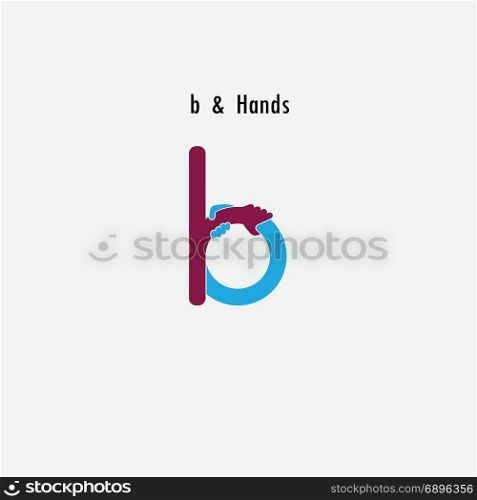b- Letter abstract icon and hands logo design vector template.Business offer and partnership symbol.Hope and help concept.Support and teamwork sign.Corporate business and education logotype symbol.Vector illustration