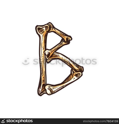 B letter isolated Halloween alphabet symbol. Vector ABC character made of bones. Letter B made of bones isolated scary ABC element