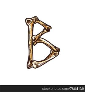 B letter isolated Halloween alphabet symbol. Vector ABC character made of bones. Letter B made of bones isolated scary ABC element