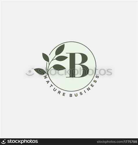 B Letter Logo Circle Nature Leaf, vector logo design concept botanical floral leaf with initial letter logo icon for nature business.