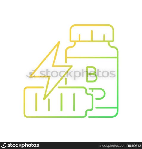 B vitamins for fatigue gradient linear vector icon. Supplements to combat tiredness and weakness. Stress reduction. Thin line color symbol. Modern style pictogram. Vector isolated outline drawing. B vitamins for fatigue gradient linear vector icon