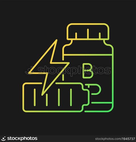 B vitamins for fatigue gradient vector icon for dark theme. Supplements to combat tiredness. Stress reduction. Thin line color symbol. Modern style pictogram. Vector isolated outline drawing. B vitamins for fatigue gradient vector icon for dark theme