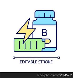 B vitamins for fatigue RGB color icon. Supplements to combat tiredness and weakness. Energy boost. Stress and dizziness reduction. Isolated vector illustration. Simple filled line drawing. B vitamins for fatigue RGB color icon