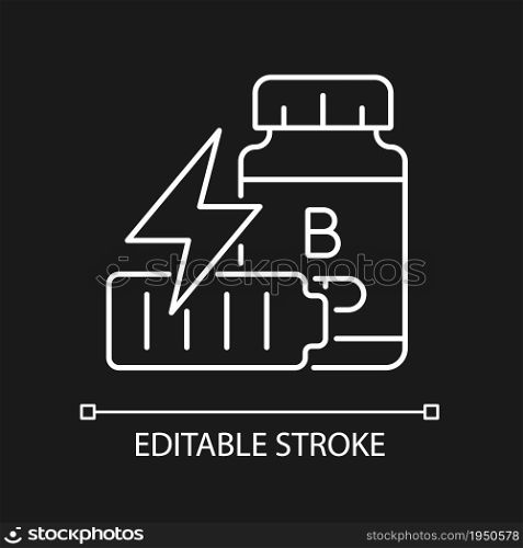 B vitamins for fatigue white linear icon for dark theme. Supplements to combat stress and dizziness. Thin line customizable illustration. Isolated vector contour symbol for night mode. Editable stroke. B vitamins for fatigue white linear icon for dark theme