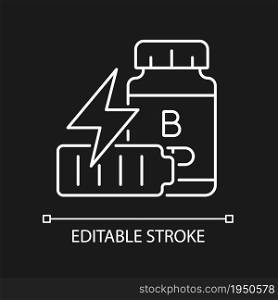 B vitamins for fatigue white linear icon for dark theme. Supplements to combat stress and dizziness. Thin line customizable illustration. Isolated vector contour symbol for night mode. Editable stroke. B vitamins for fatigue white linear icon for dark theme