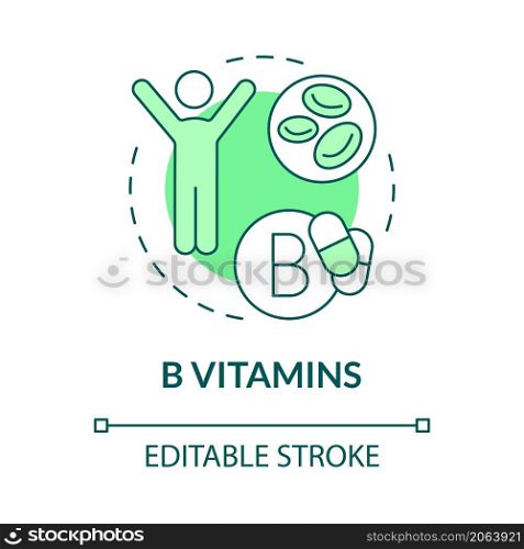 B vitamins green concept icon. Supplements for wellness and fitness abstract idea thin line illustration. Isolated outline drawing. Editable stroke. Roboto-Medium, Myriad Pro-Bold fonts used. B vitamins green concept icon