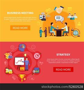 B2B Meetings Horizontal Banners. Business banners set with group meeting and strategy planning images with text and read more button vector illustration
