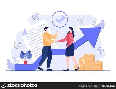 B2B or Business to Business Marketing Vector Illustration. Businessmen and Client Shaking Hands After Set Strategy, Sales and Commerce for Agreed Transaction