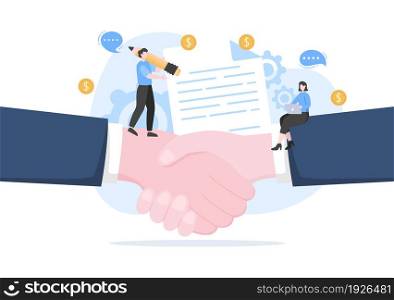 B2B or Business to Business Marketing Vector Illustration. Businessmen and Client Shaking Hands After Set Strategy, Sales and Commerce for Agreed Transaction
