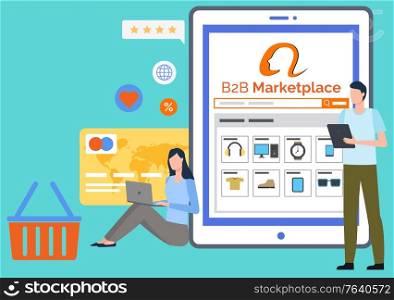 B2B platform vector, man with tablet and items for wholesale flat style design. Woman working on laptop, credit or debit card with to pay for shopping online. Trolley cart with products purchase. B2B Business to Business Marketplace Platform