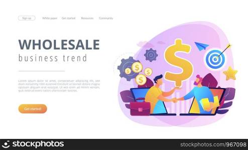 B2B sales person selling products and services to buyer in laptop. Business-to-business sales, B2B sales method, wholesale business trend concept. Website vibrant violet landing web page template.. Business-to-business sales concept landing page.